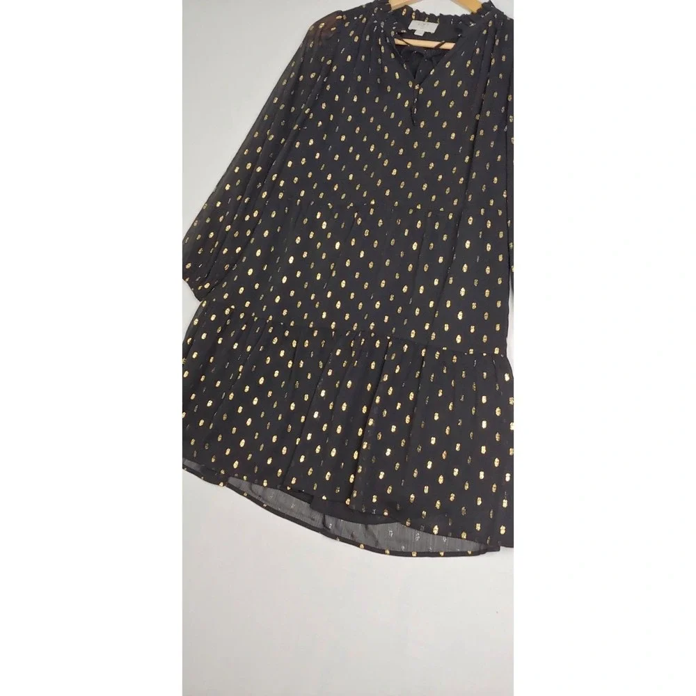 02 LOFT Outlet Petite Medium Petite Black Gold Metallic Dot Tiered Tunic‎ Blouse